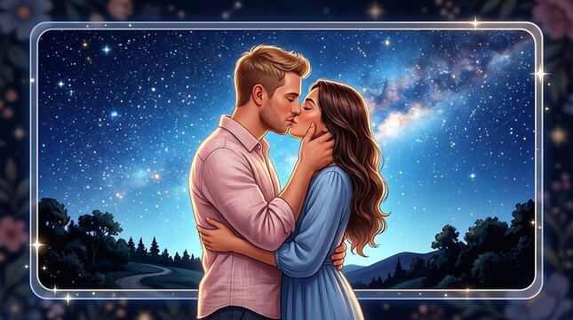 Romantic couple embracing under a starry night sky with beautiful nature scenery around them