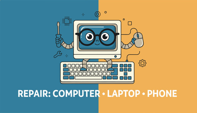 Creative computer repair service advertisement banner featuring a cute cartoon computer mascot holding tools on split background.