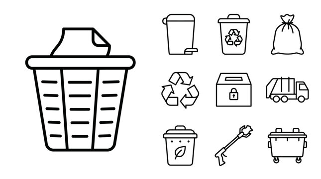 Recycling and Waste Management Icons: Bins, Truck, Bag, Grabber