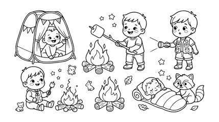かわいいキャンプの子供たちと焚き火の線画イラストセット。赤ちゃん、幼児、男の子がテント、マシュマロ、寝袋で楽しむアウトドアアクティビティ、塗り絵や教育素材に最適なベクター素材集。 © Aralan