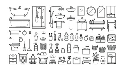 バスルームと洗面所のインテリア、衛生用品、清掃用品のモノクロ線画アイコンセット。モダンな家庭用品、アメニティ、家具のベクターコレクション。 © Aralan