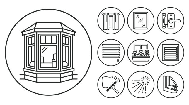 Window Icons: Bay Window, Curtains, Blinds, Cleaning, Sun, Lock