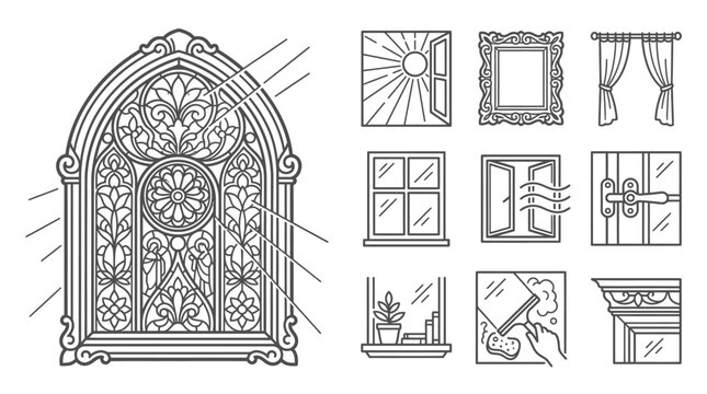 Gothic Window Design Elements, Line Art Icons