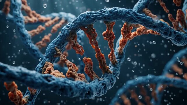 DNA helix molecule gene genome chromosome biology biotechnology science microscopic blue orange strand base pair genetic code cell protein detail abstract medical research concept