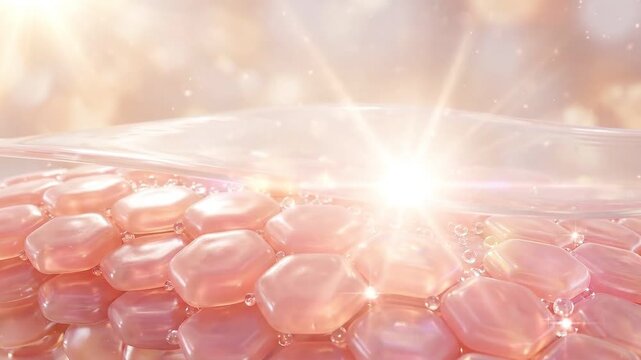Pink gem crystal sparkle light reflection glow abstract background, soft bokeh over hexagon cell serum droplets, glossy translucent macro skin texture, pastel rose cosmetic skincare hydration science