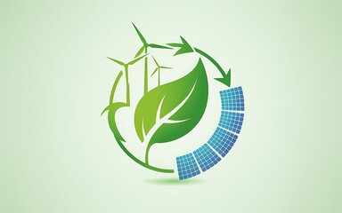 Obraz premium Renewable energy concept with wind turbines, solar panels, and a green leaf in a circular arrow composition