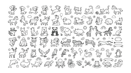 手描きのかわいい動物イラストセット、子供向け学習素材やウェブデザインに最適な白黒のベクターアイコンコレクション、犬、猫、鳥、海の生き物など多様な動物の線画。 © Aralan