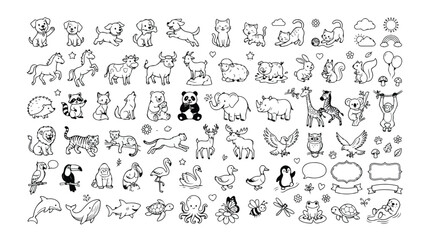 手描きのかわいい動物イラストセット、犬、猫、馬、牛、羊、パンダ、ゾウ、キリン、ライオン、鳥、魚など、子供向けのデザインに最適な白黒ベクター素材集 © Aralan