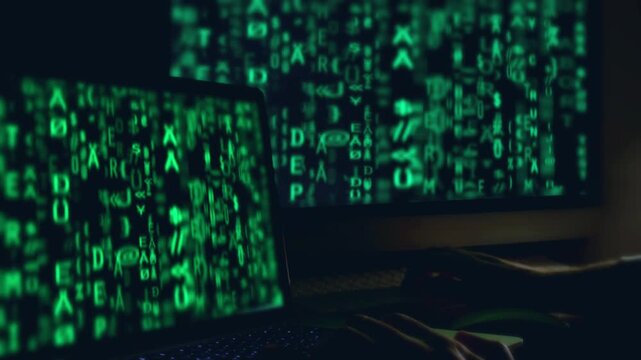 Cyber Espionage Computer Crime with Shadowy Hacker Launching Malicious Network Attack in 4K Ultra HD footage
