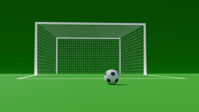 3D rendered soccer ball in front of a goalpost on a green pitch for sports concept, Empty soccer field with goal net and ball ready for penalty kick concept