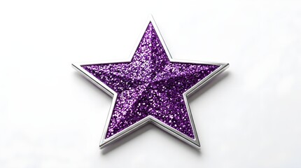 Obraz premium A single sparkling purple star decoration with a shimmering textured surface and a metallic silver border presented against a light plain surface for creative projects and celebratory designs