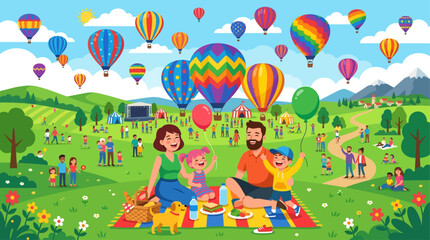 Fototapeta premium Happy family enjoying a colorful balloon festival in nature, perfect for tourism, family events, outdoor recreation, and travel promotions.