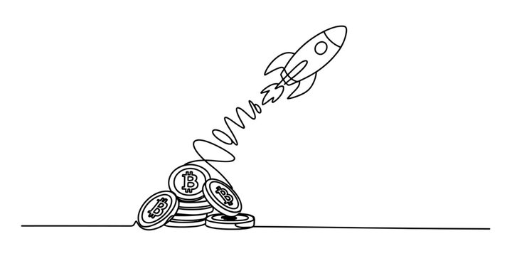 Continuous single line drawing of a rocket taking off from a pile of bitcoin coins representing financial growth and investment success in cryptocurrency market