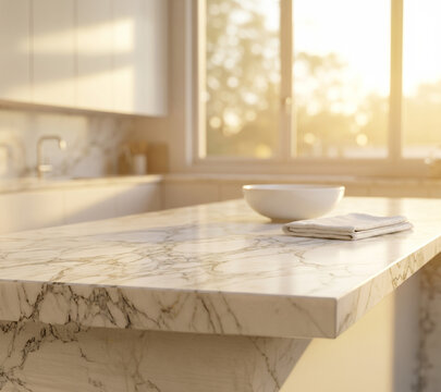 Empty marble kitchen island counter with blurred sunny window background