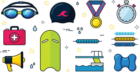 Professional swimming sport and pool training vector line icon set featuring goggles swim cap gold medal stopwatch kickboard diving board lane lines pull buoy megaphone first aid kit © MdMahfizur