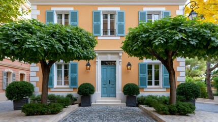 Fototapeta premium Provencal villa with yellow facade and blue shutters