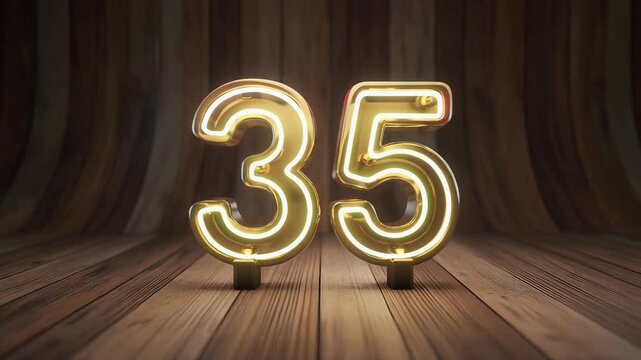 Elegant golden Realistic set of neon retro number 35 for decoration and covering on the wooden