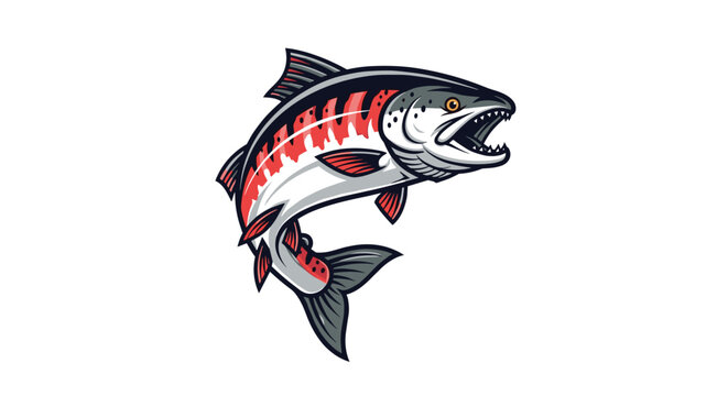 Dynamic illustration of a powerful salmon jumping out of the water with realistic scale patterns and a fierce expression.