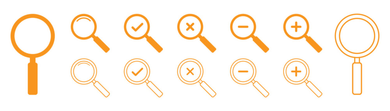 Orange magnifying glass set with search and zoom symbols for user interface isolated on transparent background