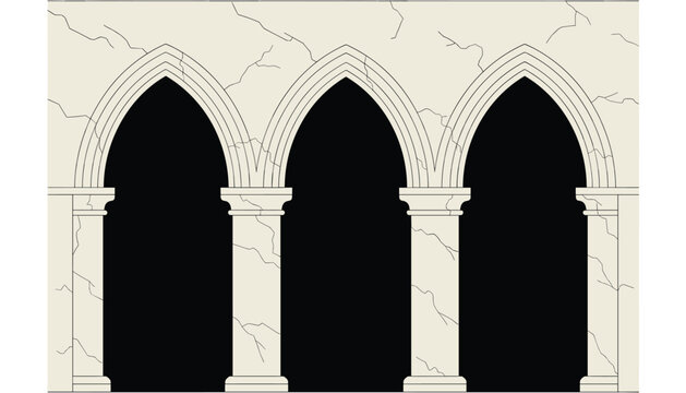 Classical gothic architecture featuring three elegant pointed arches with stone pillars and realistic cracked marble textures.
