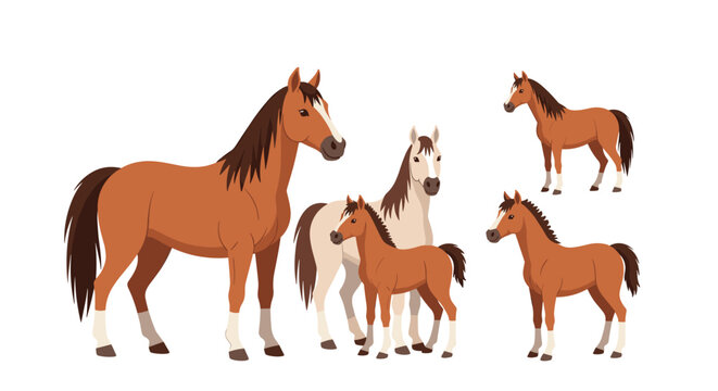 Group of four brown horses including adult mares and young foals standing together in a peaceful illustrative composition.