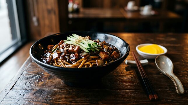 A deep glossy black ceramic bowl of jajangmyeon,  thick, soft noodles covered in a rich dark brown fermented black bean paste sauce with visible chunks of onion, pork