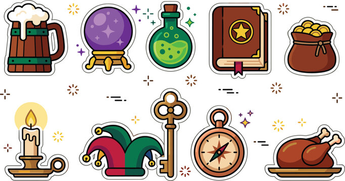 Medieval fantasy rpg sticker icon set featuring wooden beer mug crystal ball magic potion spellbook gold coins candle jester hat key compass and roasted chicken vector