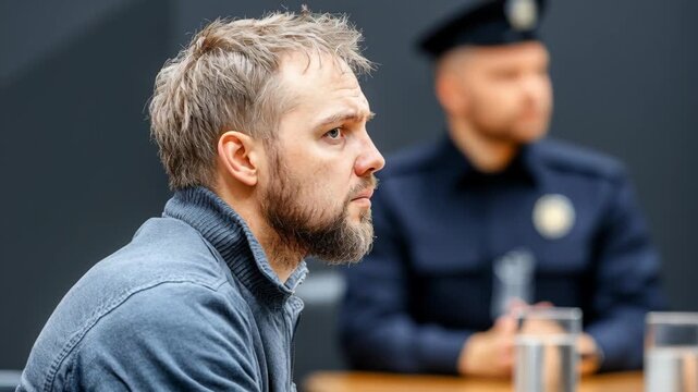 A focused man with a beard sits for questioning while a police officer remains blurred in back.