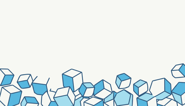 Abstract composition of scattered blue and white three-dimensional cubes tumbling along the bottom border of the frame.