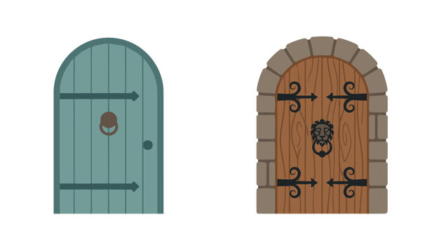 Two vintage wooden doors showing an elegant teal green arched door and a stone-framed brown medieval gate on white background.