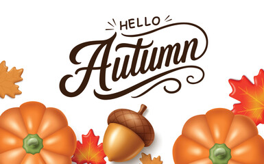 Hello Autumn greeting banner isolated on white background with 3d pumpkins acorn and leaves vector © Hezekiah