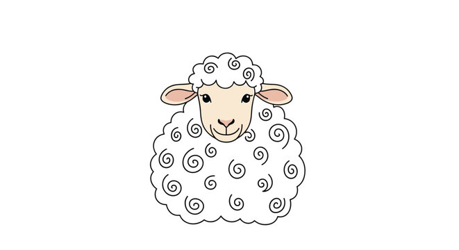 Adorable white sheep with fluffy wool and large ears is shown in a simple cartoon style against a white background.