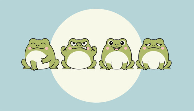 Set of four cute green frog characters displaying happy, angry, smiling, and sleepy emotional expressions for cartoon illustrations.
