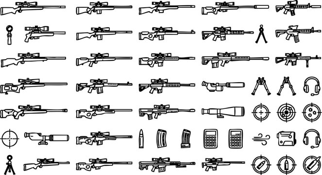 Set of sniper rifles and tactical shooting equipment vector illustration with tactical shooting ammunition military collection illustration equipment