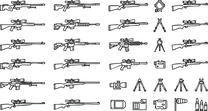 Sniper rifle collection and tactical marksmanship equipment vector icons with long range shooting tactical military ammunition equipment precision crosshair
