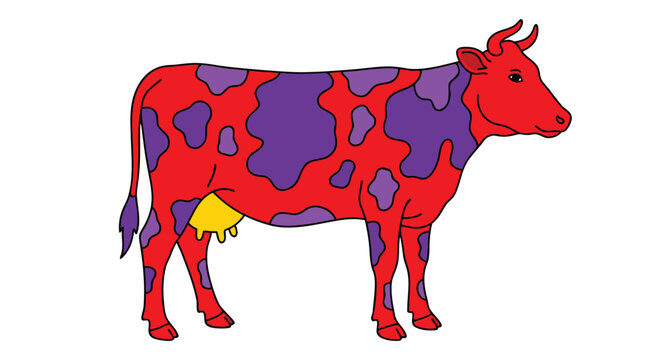 A stylized cartoon cow with red fur and purple spots stands in profile isolated on a white background