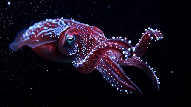 Bioluminescent vampire squid swimming in the deep sea abyss