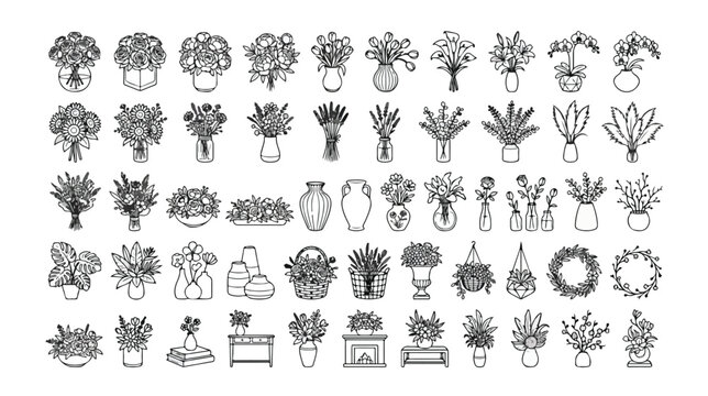 Elegant floral vector icon set, 60 unique flower arrangements and bouquets, botanical line art illustrations for spring and wedding designs, decorative plant graphics.