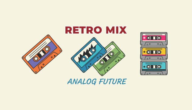 Vintage music poster showcases colorful retro audio cassettes alongside nostalgic text and future concept elements.