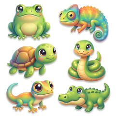 Naklejka premium Diverse group of cute small reptiles like frogs, chameleons, turtles, snakes, lizards, and crocodiles, suitable for childrens educational materials.