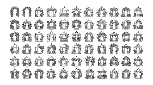 Elegant garden gazebo vector set, 64 detailed vintage arbors and pergolas, classic architectural elements for landscape design, decorative outdoor structures, black and white line art collection.