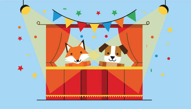 Kids puppet show theater featuring a cute fox and a dog puppet performing on a bright red stage under spotlights.