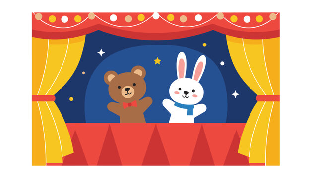 Whimsical children puppet show stage showing a cute teddy bear and a white rabbit puppet performing for kids.