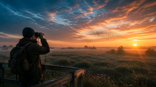 Man Observes Birds at Sunrise Over Misty Field