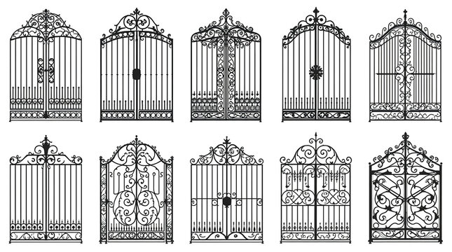 featuring nine different styles of wrought iron gates. Each gate is intricately designed with ornate patterns, showcasing a variety of decorative elements such as swirls, spikes