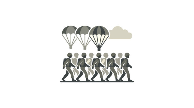 Squad of airborne paratroopers descending with parachutes