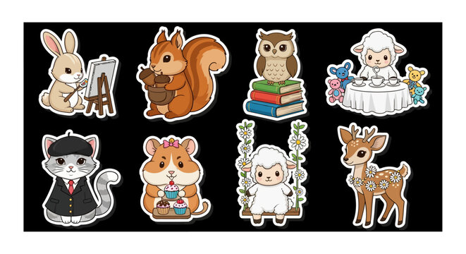 Colorful cartoon animal characters with various professions and activities.
