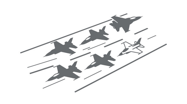 Tactical formation of fighter jets in aerial flight.