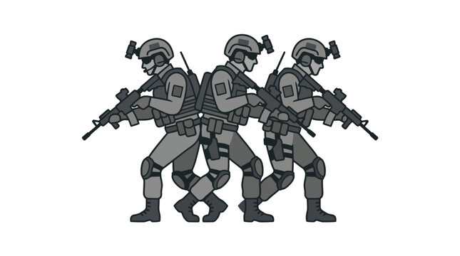 Tactical soldiers in defensive formation with rifles.