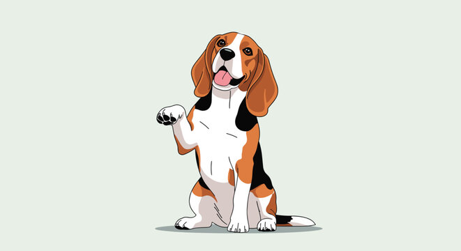 Adorable beagle dog is sitting and raising one paw in a friendly gesture on a neutral light gray background.